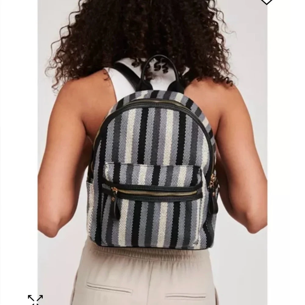 MODA Luxe Trent Backpack Blue Striped Patterned Fabric Faux Leather Travel Bag